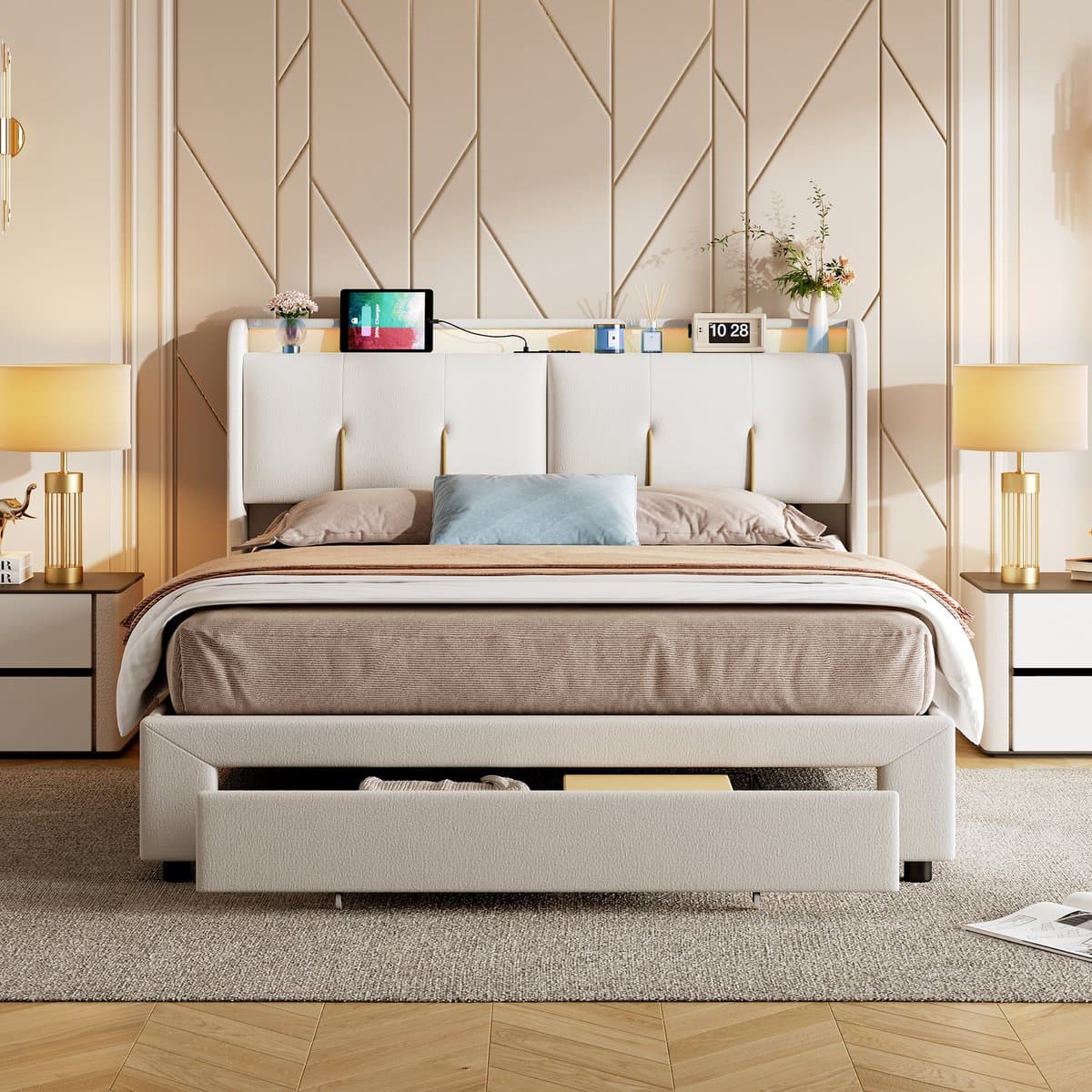 Opbergbed 160x200 cm crèmewit met opbergruimte in het hoofdbord, lade, LED-verlichting en USB-oplaadpoort, gestoffeerd tweepersoonsbed thumbnail 5