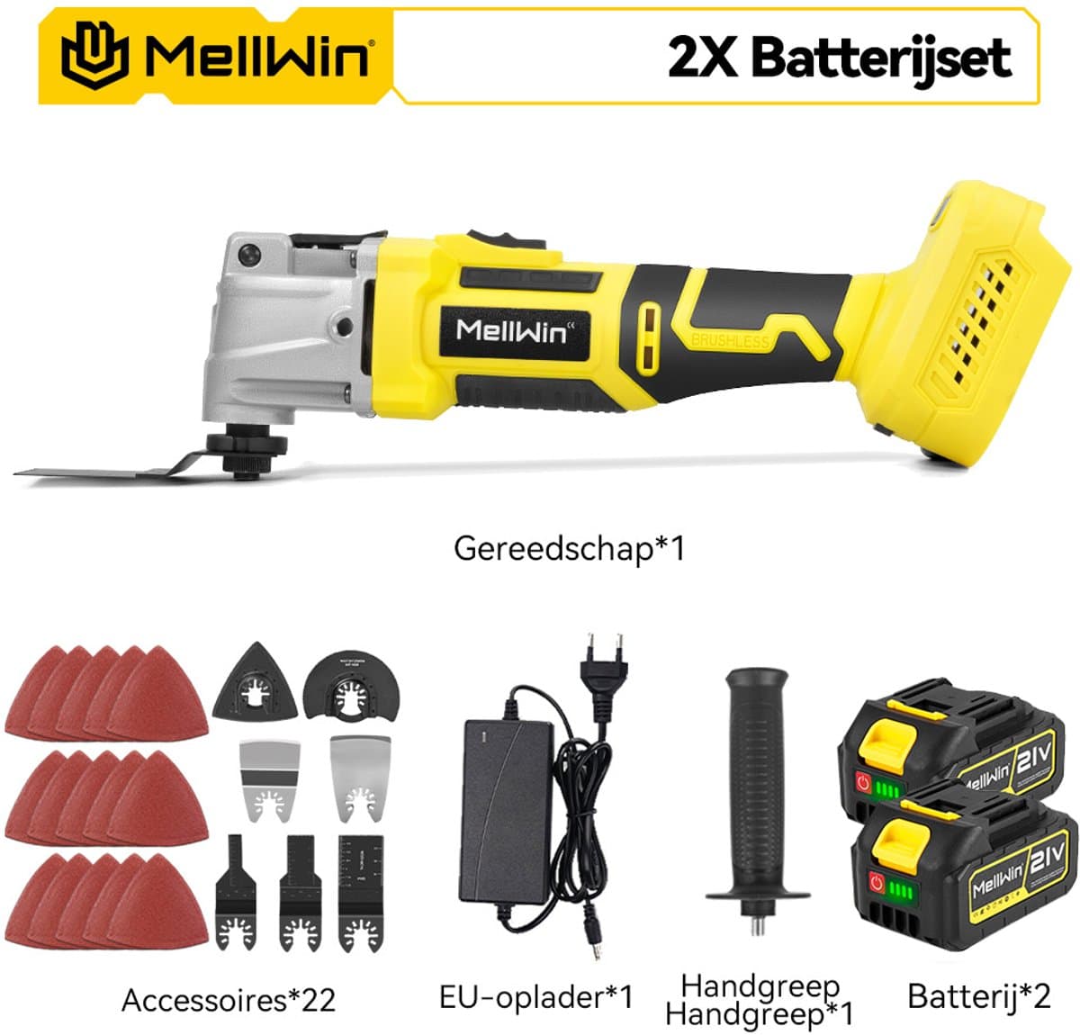 MellWin Accu Multitool - met 2x Accu's & 22x Accessoires - Borstelloze motor - Multifunctioneel Gereedschap - 4° oscillatiehoek - 6+3 versnellingen - voor verwijderen, schrapen en zagen thumbnail 3