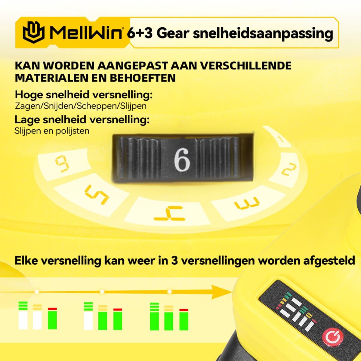 MellWin Accu Multitool - met 2x Accu's & 22x Accessoires - Borstelloze motor - Multifunctioneel Gereedschap - 4° oscillatiehoek - 6+3 versnellingen - voor verwijderen, schrapen en zagen thumbnail 5