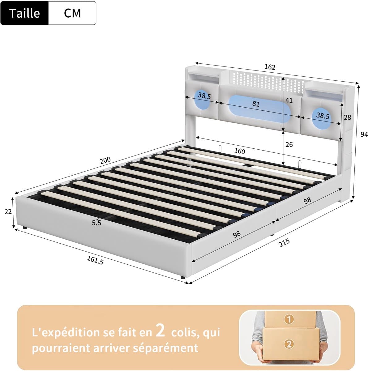 Gasveerbed 160x200 cm met LED-hoofdbord, USB en Type-C, opbergvak en opbergruimte onder het bed – ideaal voor lezen, ontspannen en opladen – Wit thumbnail 2