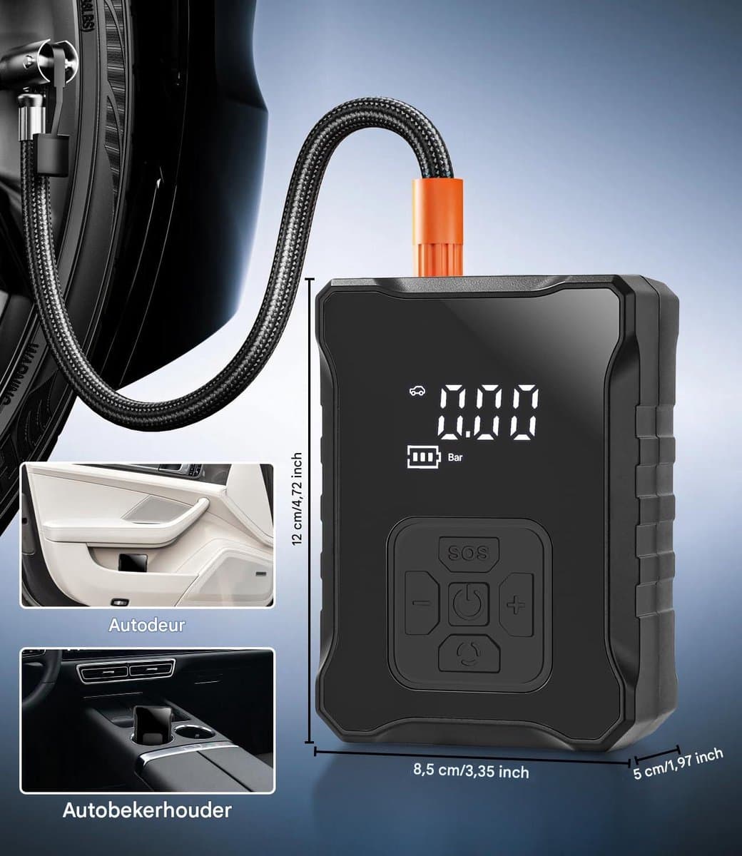 Elektrische Luchtpomp 150 PSI - Draadloze Autopomp met LED Display - 3600 mAh Accu - Voor Auto, Fiets, Motor, Ballen en Opblaasbaar Speelgoed - SOS Licht en Powerbank Functie thumbnail 2