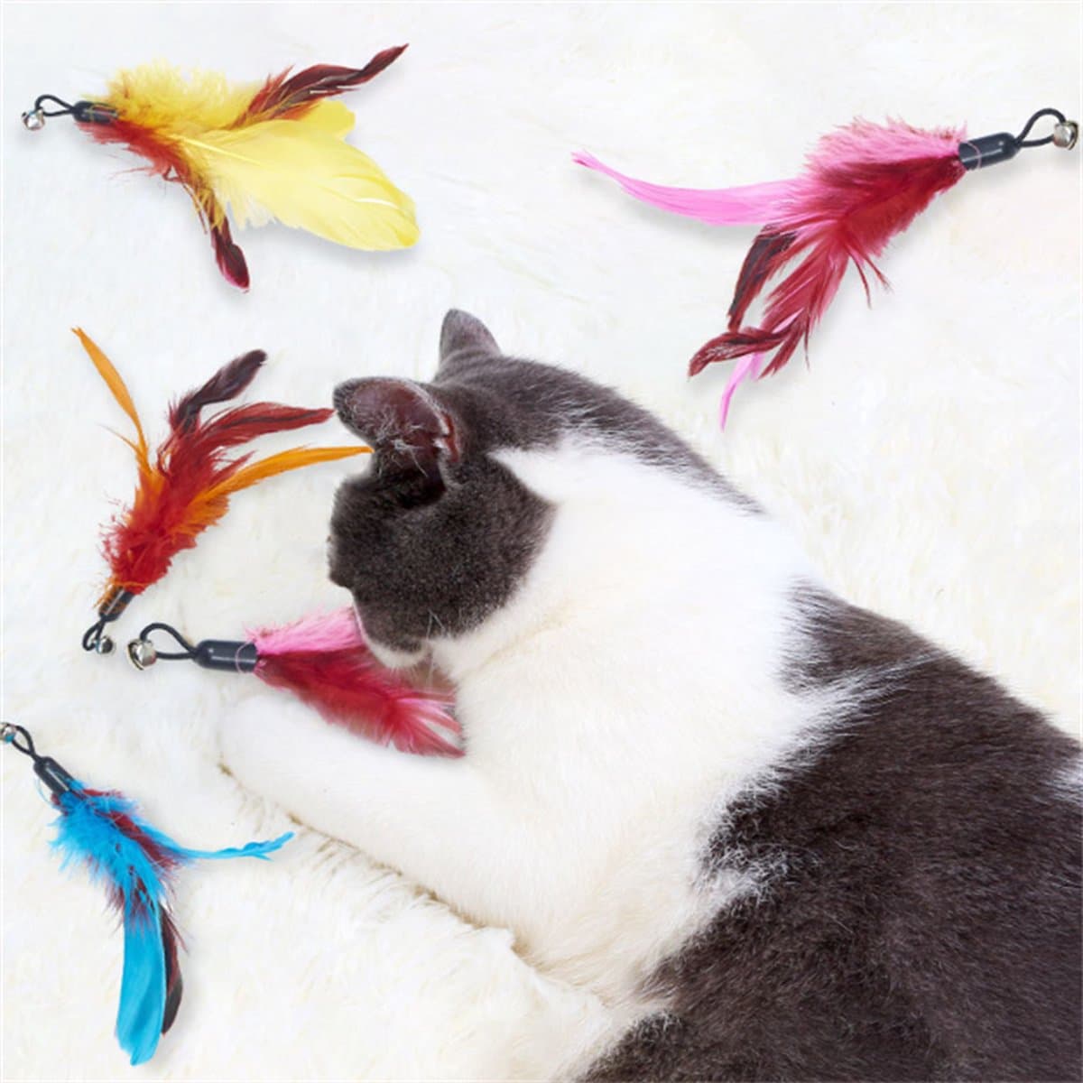 Kattenhengel met 10 opzetstukjes - Kat Speelhengel met Veren - Speelgoed Hengel voor Katten – Kittenspeeltjes met Veer – Kattenspeelgoed – Katten speeltjes thumbnail 7