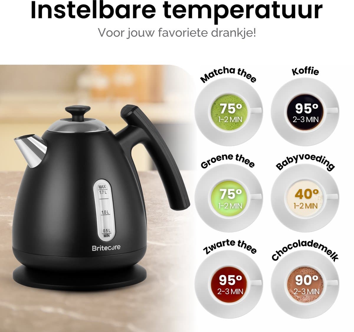 Waterkoker met Temperatuurregeling - Warmhoudfunctie - RVS - 1.7L - 40 tot 100°C - 2200W - Retro design - Zwart - Britecore thumbnail 7