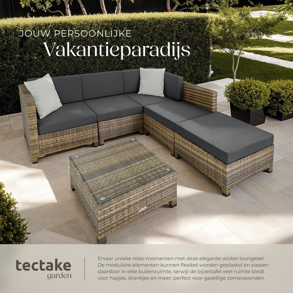 tectake® - Tuinmeubelset - Wicker loungeset - Balkonmeubelset - Kussens 10 cm hoogte - Voor tuin en balkon - 2 fauteuils, 2 hoekstoelen, 1 tafel, 1 hocker - Incl. 2 sets kussenhoezen - naturel thumbnail 3
