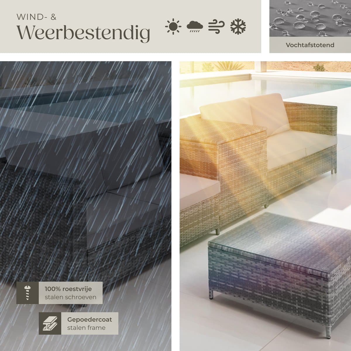 tectake® Wicker zitgroep - Tuinmeubelset - 2 banken met extra dikke kussens - Tafel met glazen blad - Tuinmeubelen voor terras - Tuin - Balkon - Buitenmeubels - Inclusief opbergbox - Maximale belasting bank 200 kg en tafel 45 kg - Grijs thumbnail 3