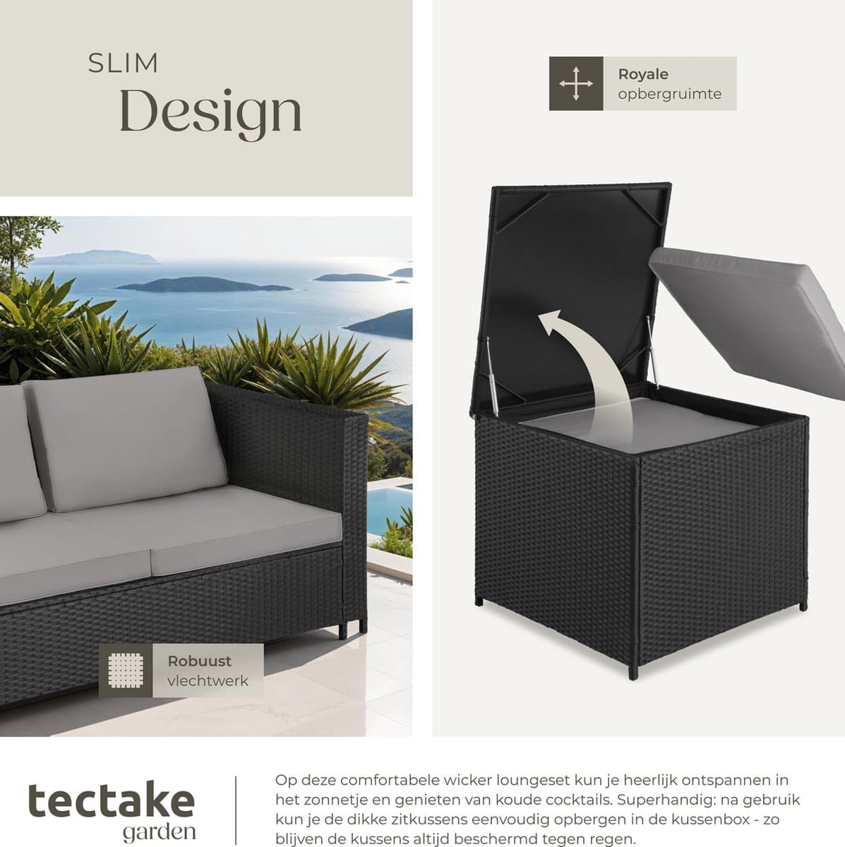 tectake® Wicker zitgroep - Tuinmeubelset - 2 banken met extra dikke kussens - Tafel met glazen blad - Tuinmeubelen voor terras - Tuin - Balkon - Buitenmeubels - Inclusief opbergbox - Maximale belasting bank 200 kg en tafel 45 kg - Zwart thumbnail 4
