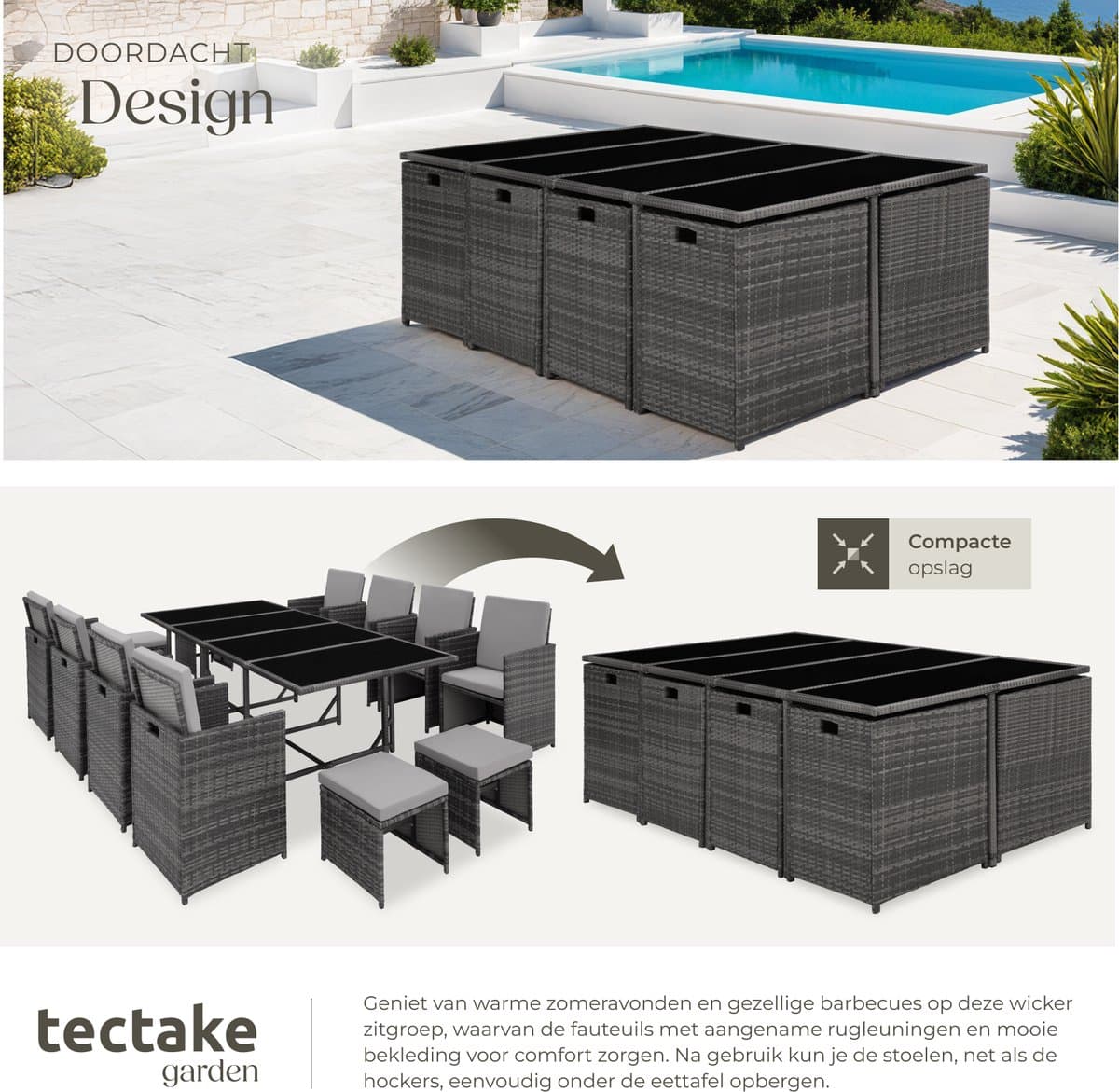 tectake® - Wicker tuinloungeset - Polyrotan tuinmeubelset, 8+4+1 zitgedeelte, 8 stoelen, 4 krukken, 1 tafel - Incl. beschermhoes, voor tuin, balkon, terras - grijs/lichtgrijs thumbnail 2