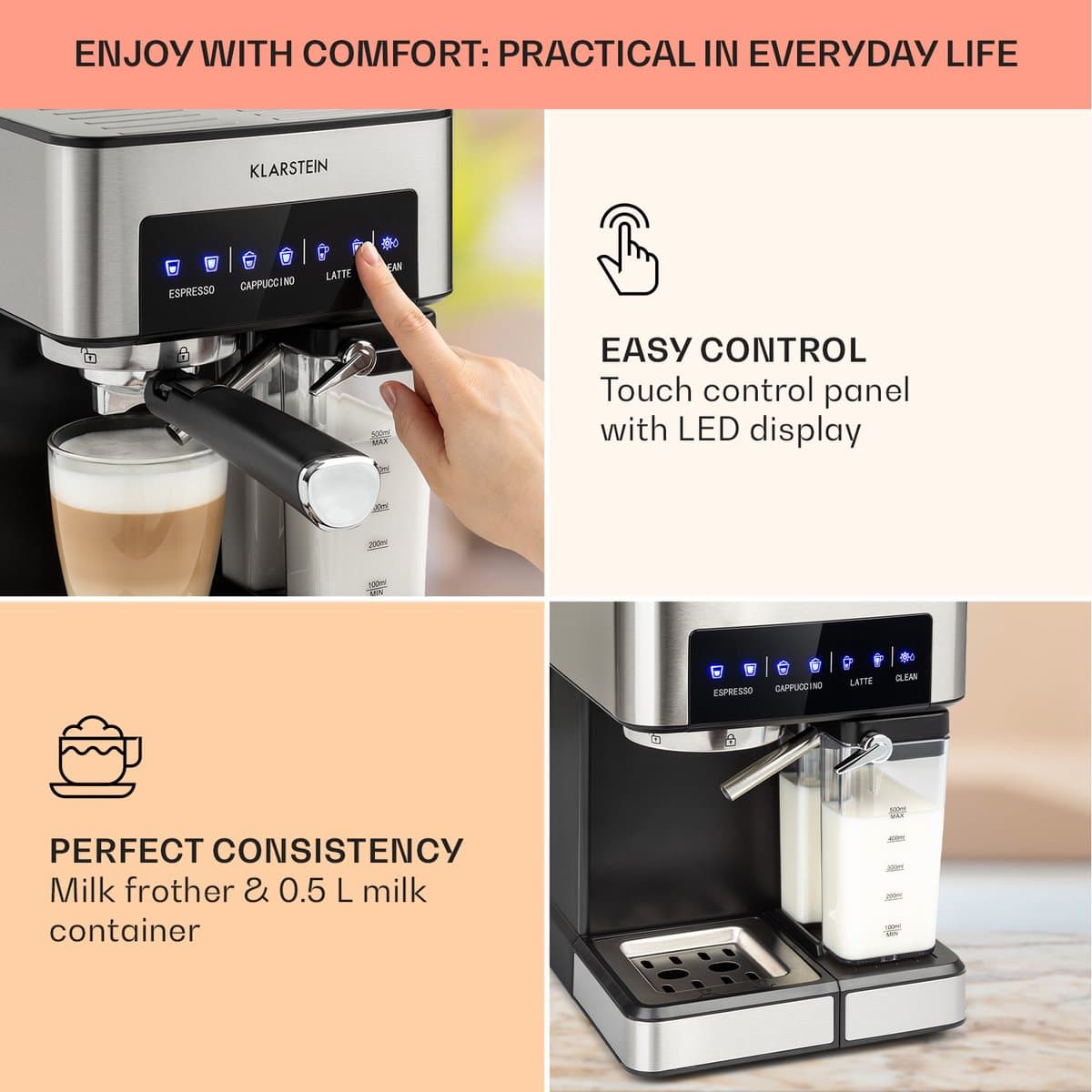 Klarstein Koffiemachine Espresso Pistonmachine met Melkopschuimer, 1,8 L Mini Espressomachine met Piston, 20 Bar RVS Compact, Melkreservoir, 1350 W Koffiemachine voor Gemalen Koffie - Stoompijpje Touch LED - Coffee Machine thumbnail 8