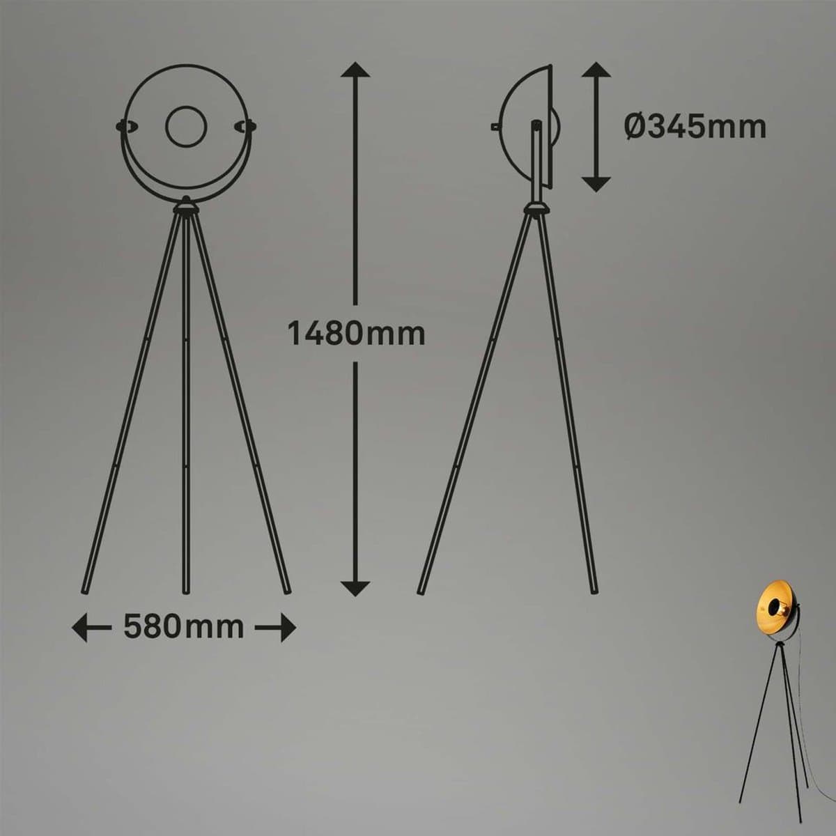 BRILONER Sand - Vloerlamp woonkamer - industrieel staande lamp - zwart goud - E27 fitting - metaal - 148cm thumbnail 8