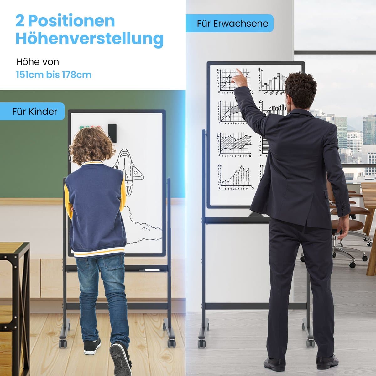 COSTWAY Dubbelzijdig mobiel whiteboard, 60 x 90 cm, in hoogte verstelbaar magnetisch whiteboard met wieltjes, standaard en pennenbakje, incl. accessoires voor school, kantoor, thuis (zwart) thumbnail 6