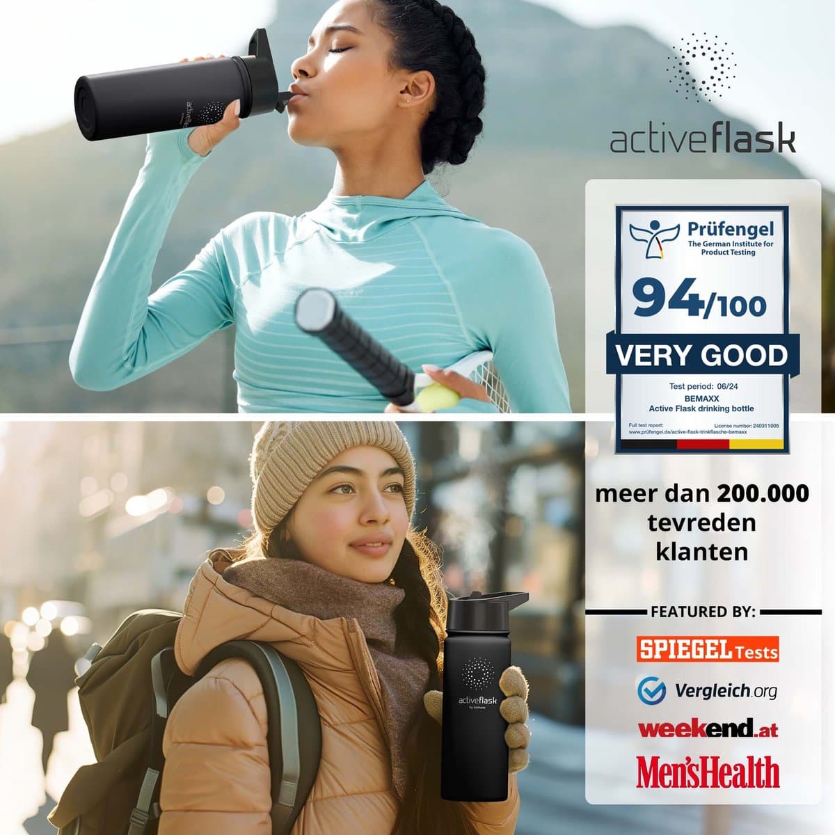 bemaxx Drinkfles met Rietje RVS Thermosfles ACTIVE FLASK (3 Drinkdoppen met Infuser), Volwassenen Kinderen, BPA-Vrij + Lekvrij | 1 Liter/500 ml Isoleerfles, Vacuüm Waterfles Sport Fitness Fietsen Water Fles Waterbidon Sportbidon thumbnail 7