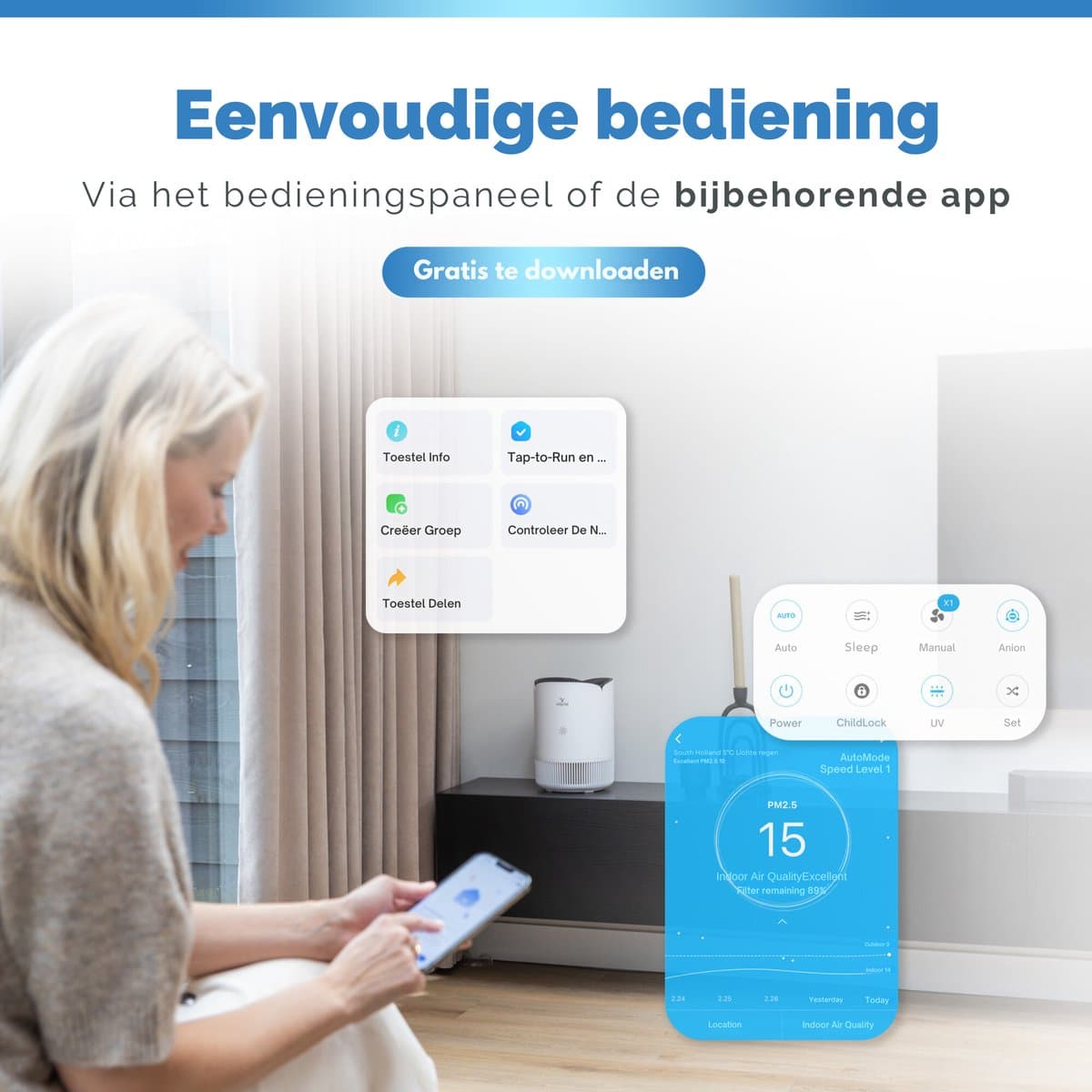 Vibrix PureFlow30 Luchtreiniger / Air Purifier – HEPA H13 + koolstoffilter – 180 m³/u – Voor kamers tot 30 m² – Ionisator – App-bediening – Zeer stil met slaapstand – Luchtkwaliteitindicator thumbnail 7