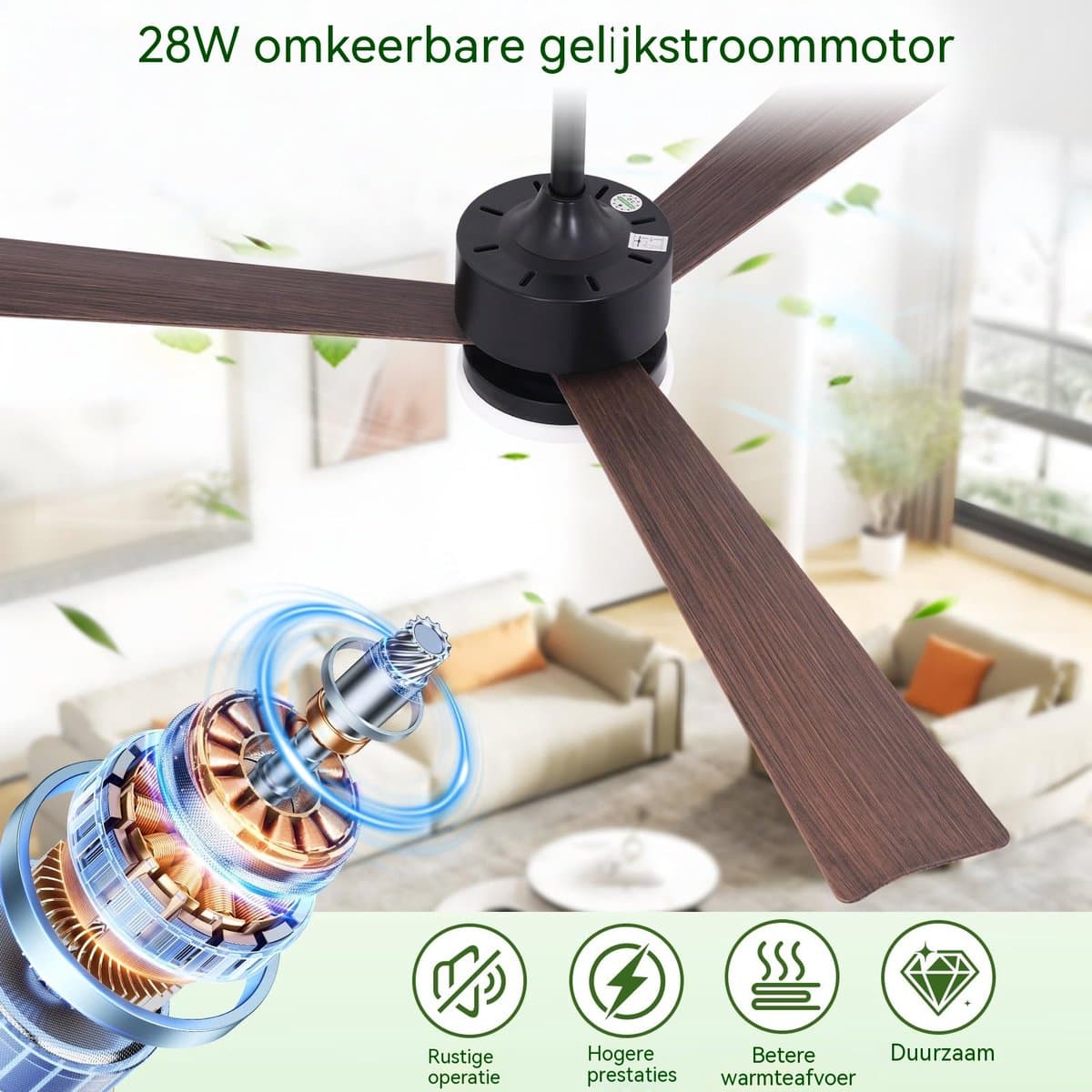 Glitzerlife - Plafond ventilator met verlichting - Stille plafondventilator - Stille Houtlook LED - Dimbaar Met Afstandsbediening - 6 Snelheden Timer - Omkeerbare DC Motor - Ø131cm - Bruin thumbnail 5