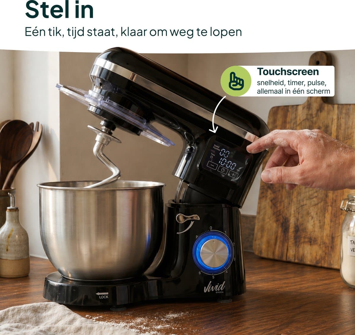 Vivid Green 2000W Keukenrobot - 6.2L - Display & Instelbare Timer - Mixer met Mengkom - Keukenmachine - Keukenmixer - Zwart thumbnail 7