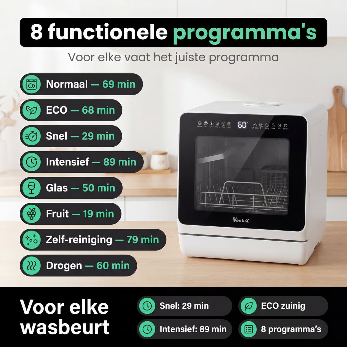 Ventux Mini Vaatwasser met Waterreservoir - 4-6 Couverts - 8 Programma's - Kleine Smalle Vrijstaande Vaatwasser - Mini Afwasmachine met UV-sterilisatie - Camping - Wit thumbnail 5