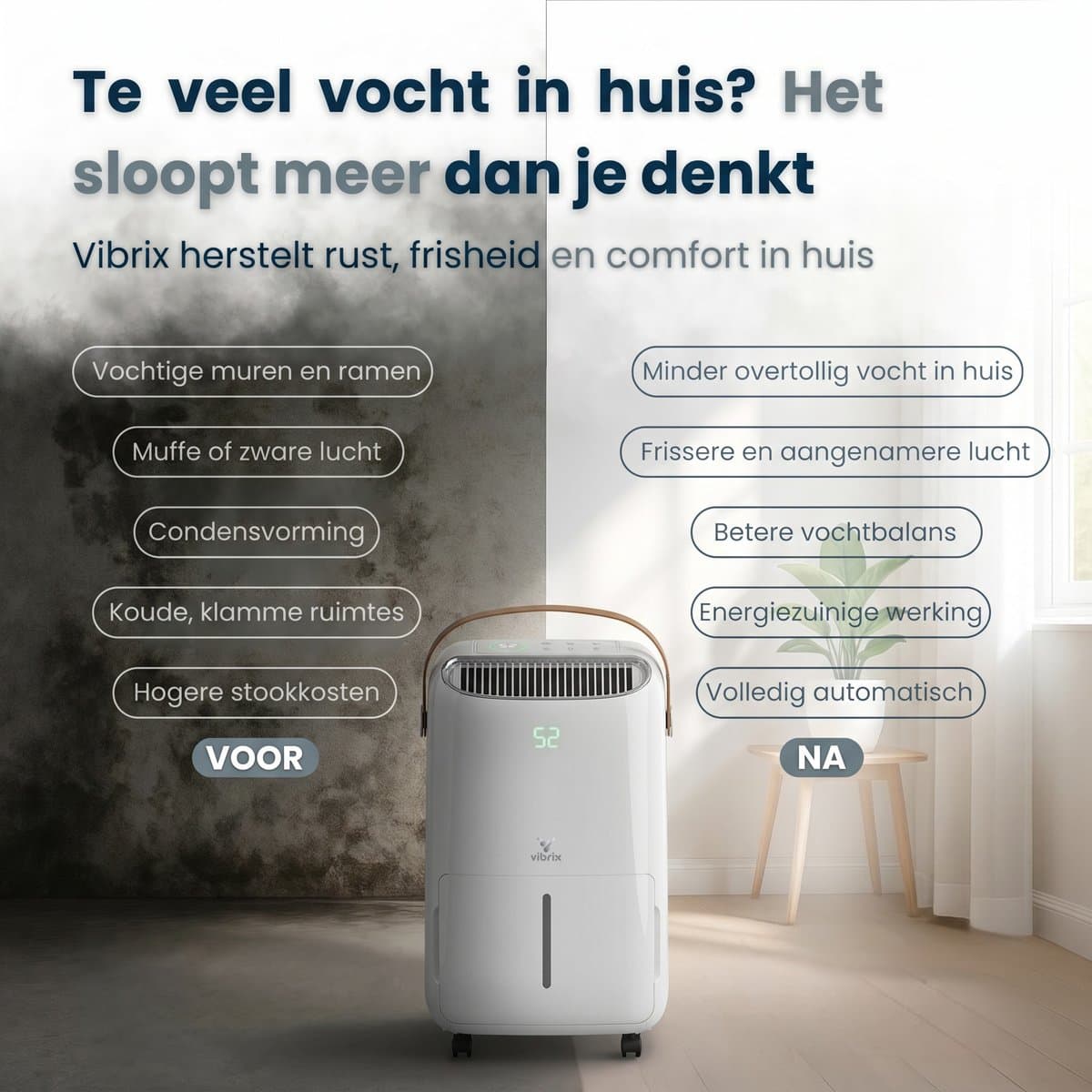Vibrix DryFlow12 Luchtontvochtiger – 12L per dag – Wasdroogfunctie – Stil & Energiezuinig – Ontvochtiger voor Badkamer, Kelder, Zolder & Slaapkamer – Slimme Dehumidifier thumbnail 2