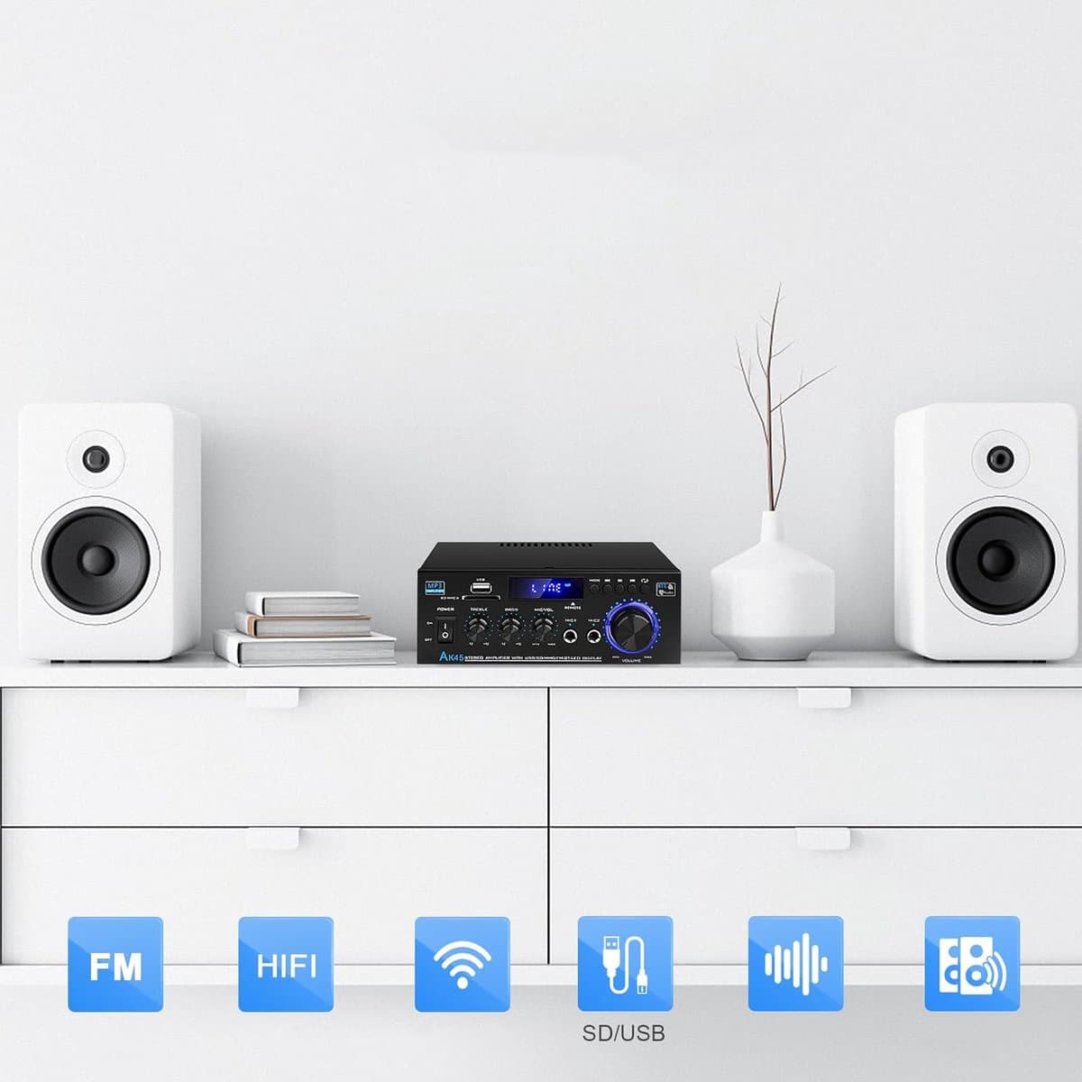 Bluetooth 5.0 Audioversterker Ontvangers - AK45 Hifi Stereo Mini Eindversterker RMS 40W 2.0 Kanaals Home Theater Audio Componenten Luidsprekers Versterker W/MIC USB RCA FM Radio thumbnail 6