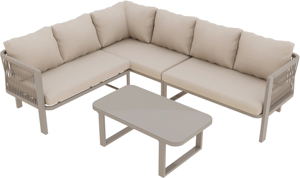 Gutent Hoek Loungesets - 6 Personen - Verzinkt Staal - Glazen Tafelblad - Teslin Touw - Incl Eettafel Bank Stoelen - Khaki thumbnail 7