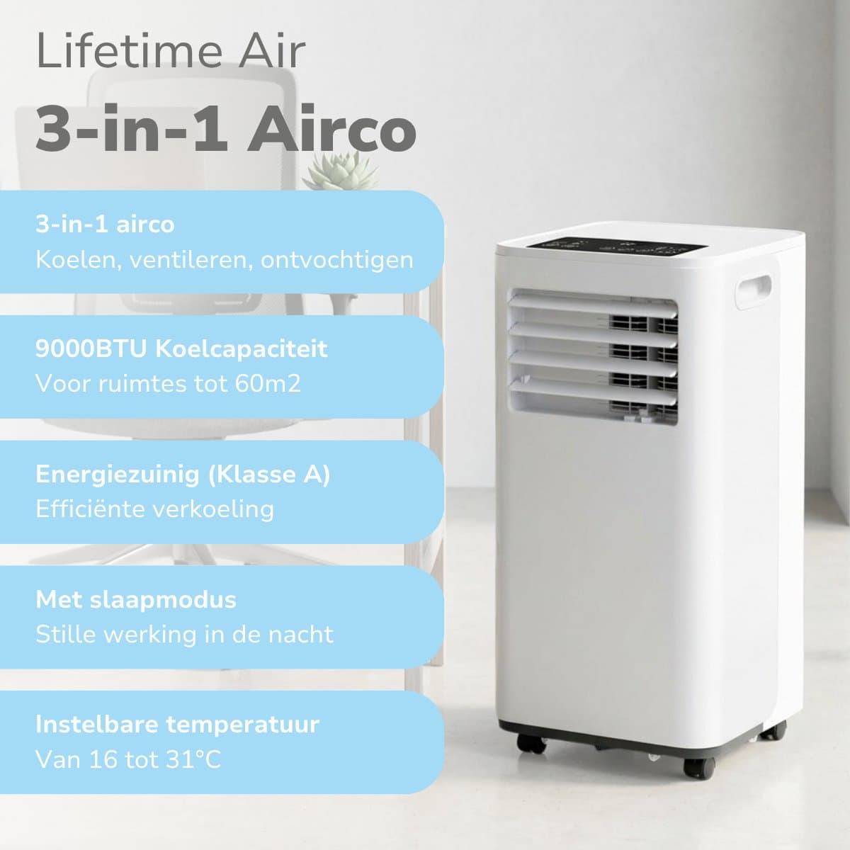 Lifetime Air Mobiele Airco 9000 BTU - Airconditioning met Afvoerslang - Ventilator en Luchtontvochtiger 3 in 1 - Mobiele Airconditioning voor Slaapkamer - 70 x 36 x 34 cm thumbnail 3