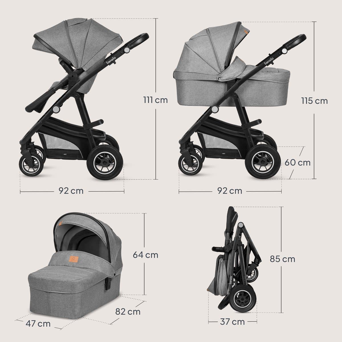 Lionelo Bianka Kinderwagen 3 in 1 - Reiswieg + Wandelwagen + Autostoel - Grote Luchtbanden, Volledige Vering - Inklapbaar - Verstelbare duwstang - Buggy Omkeerbare Zitting - 0-22kg - Accessoireset - Grijs thumbnail 6