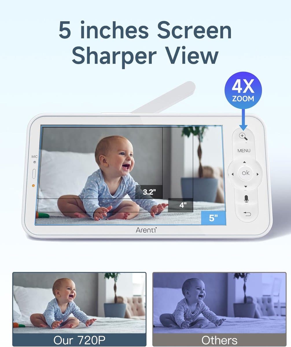 ARENTI Baby Monitor with 2 Camera and App with 5 Inch Screen, 1080P PTZ Video Baby Monitor with Camera, One-Touch Call, Temperature Sensor, Lullaby, Night Vision, 2-Way Audio, VoX Mode, Automatic thumbnail 2