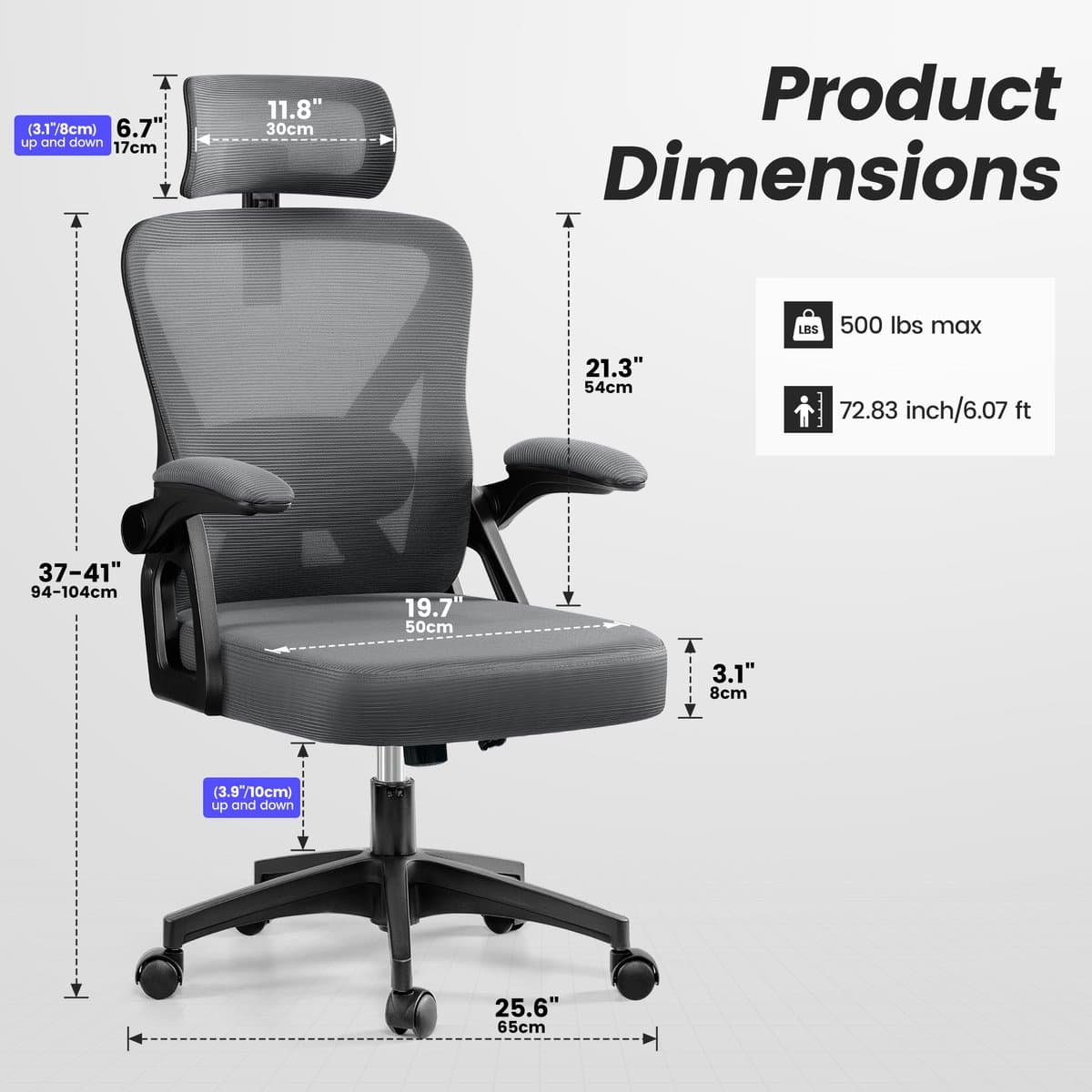 FelixKing Ergonomische Bureaustoel, Draaibare Bureaustoel voor Thuis met Hoofdsteun, Hoge Rugleuning Ademend Mesh Werkstoel, Gevoerde Opklapbare Armleuningen, Lendensteun, Computerstoel op Wielen, In Hoogte Verstelbare Gamingstoel, Kantelbaar thumbnail 6