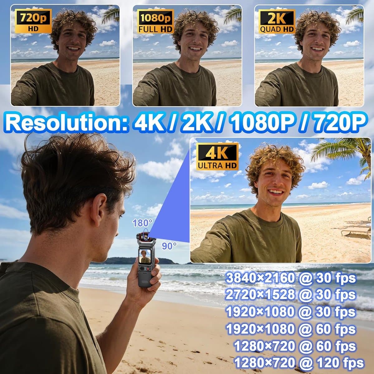 Action Cam 4K - 6-assige stabilisatie videocamera, vlog, live view-display, vlogcamera, wifi, 160° groothoek, draaibare lens en 3000 mAh batterij voor fietsen, vlogging, reizen en outdooractiviteiten thumbnail 4