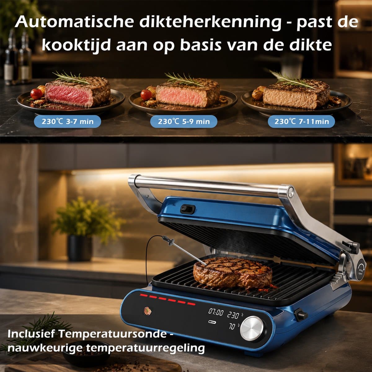 Taylor Swoden Contactgrill - Tosti apparaat - Dubbele Temperatuurregeling - Tosti ijzer - 2000W - Panini Grill met Touchscreen en Draaiknop - 180° Uitklapbaar - Temperatuursonde - Instelbare Hoogte thumbnail 6