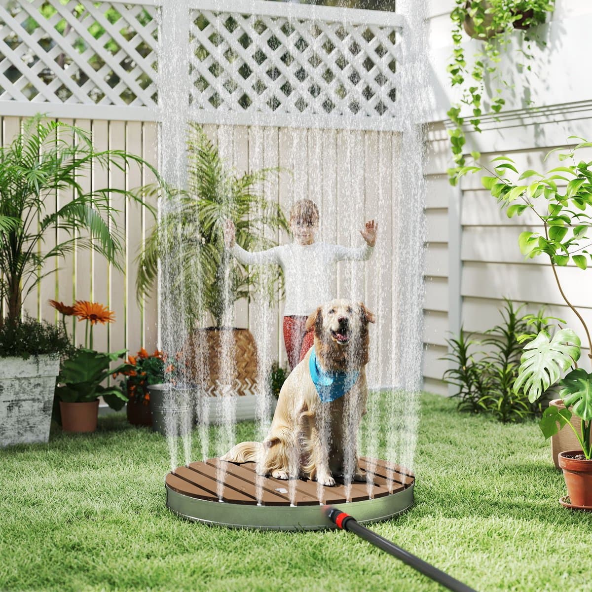 Ronde WPC Tuindouche - Ø70 cm Vloerdouche Houtlook - Antislip Buiten Douche - Campingdouche met Voetbediening - 4m Waterfontein - Voor Tuin & Zwembad thumbnail 6