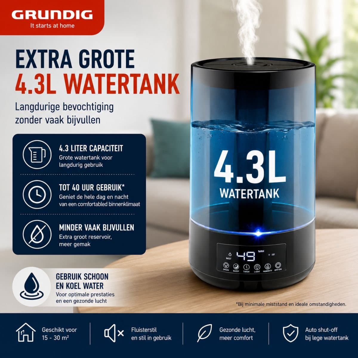 Grundig Luchtbevochtiger HD-1903A - Ultrasone Lucht Bevochtiger 4,3L - met Timer en Nachtlamp - Incl. Afstandsbediening - Zwart thumbnail 7