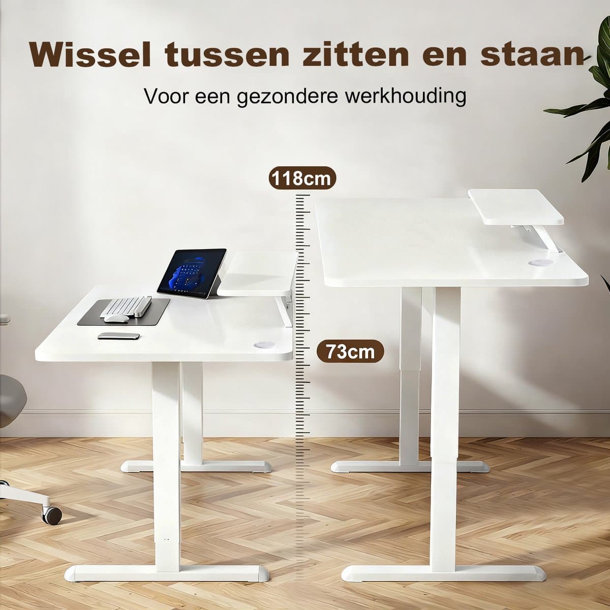 Elektrisch Verstelbaar Bureau 120×60 cm – Hoogte Verstelbaar 73-118 cm – Sta Zit Bureau Met Vaste Monitor Verhoger – Belastbaar 80 kg thumbnail 4