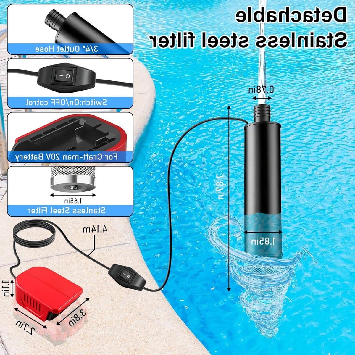 Krachtige Mini Waterpomp 30 L/Min, 4500 rpm, Dompelpomp voor Tuin, Whirlpool, Zwembad en Aquarium met 18 V Accu thumbnail 3