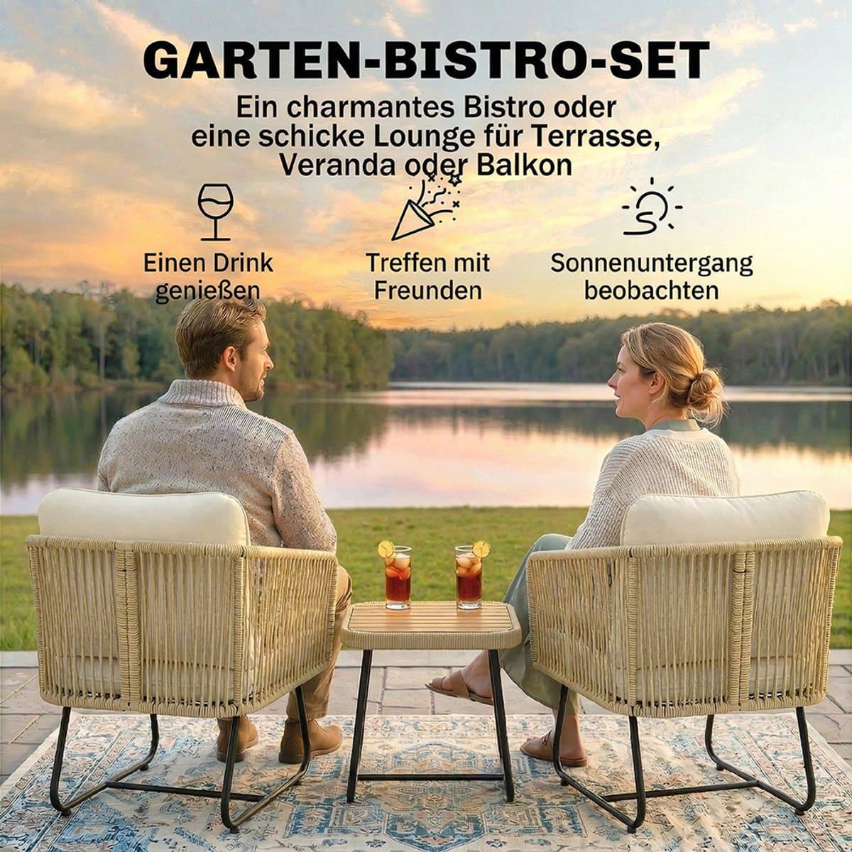 Pugsdrly Rotan bistroset 3-delige FSC-tuinsetset met 2 fauteuils, lamellenhouten tafel, dikke wasbare kussens, stalen frame thumbnail 5