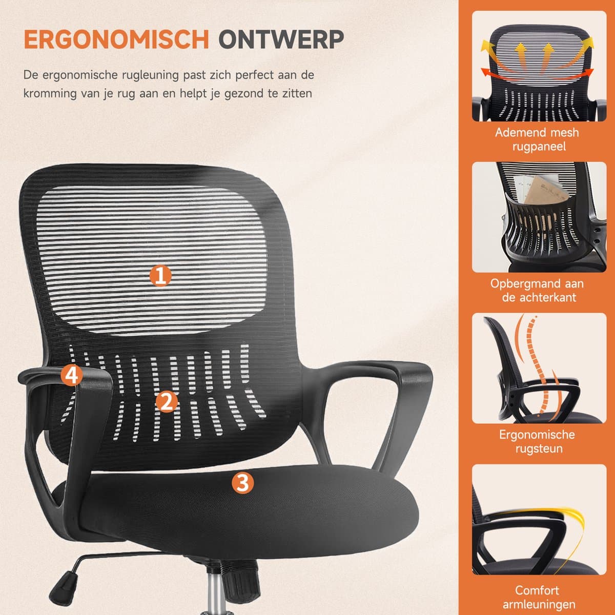 Ergonomische Bureaustoel - Mesh Office Chair - In Hoogte Verstelbaar - Vaste Armleuningen - 113 kg Draagvermogen thumbnail 8