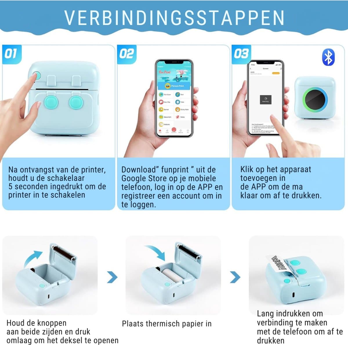 TIM® Mini Printer – Mini Printer voor Mobiel - Pocket Printer – Foto Printer Draadloos – Mobiele Fotoprinter - Blauw - 3cm x 8cm x 8cm thumbnail 8