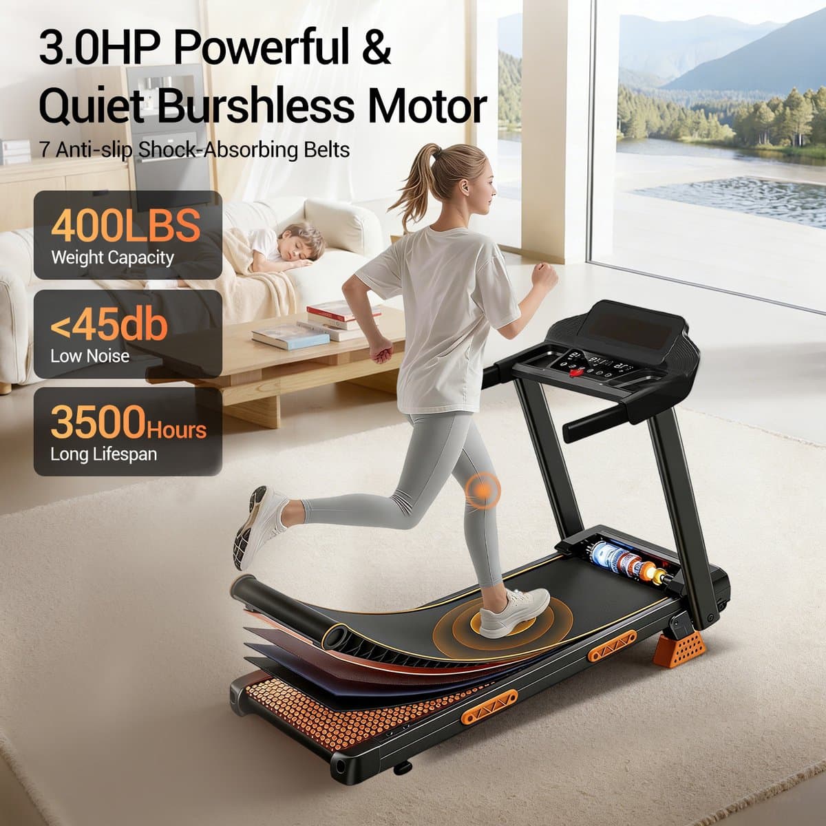 Opvouwbare Drie-in-één opvouwbare loopband: 15% helling, 12 km/u, 3 pk, 180 kg draagvermogen, stil, 3-inch scherm, 12 programma's – voor thuis, kantoor en sportschool. thumbnail 3