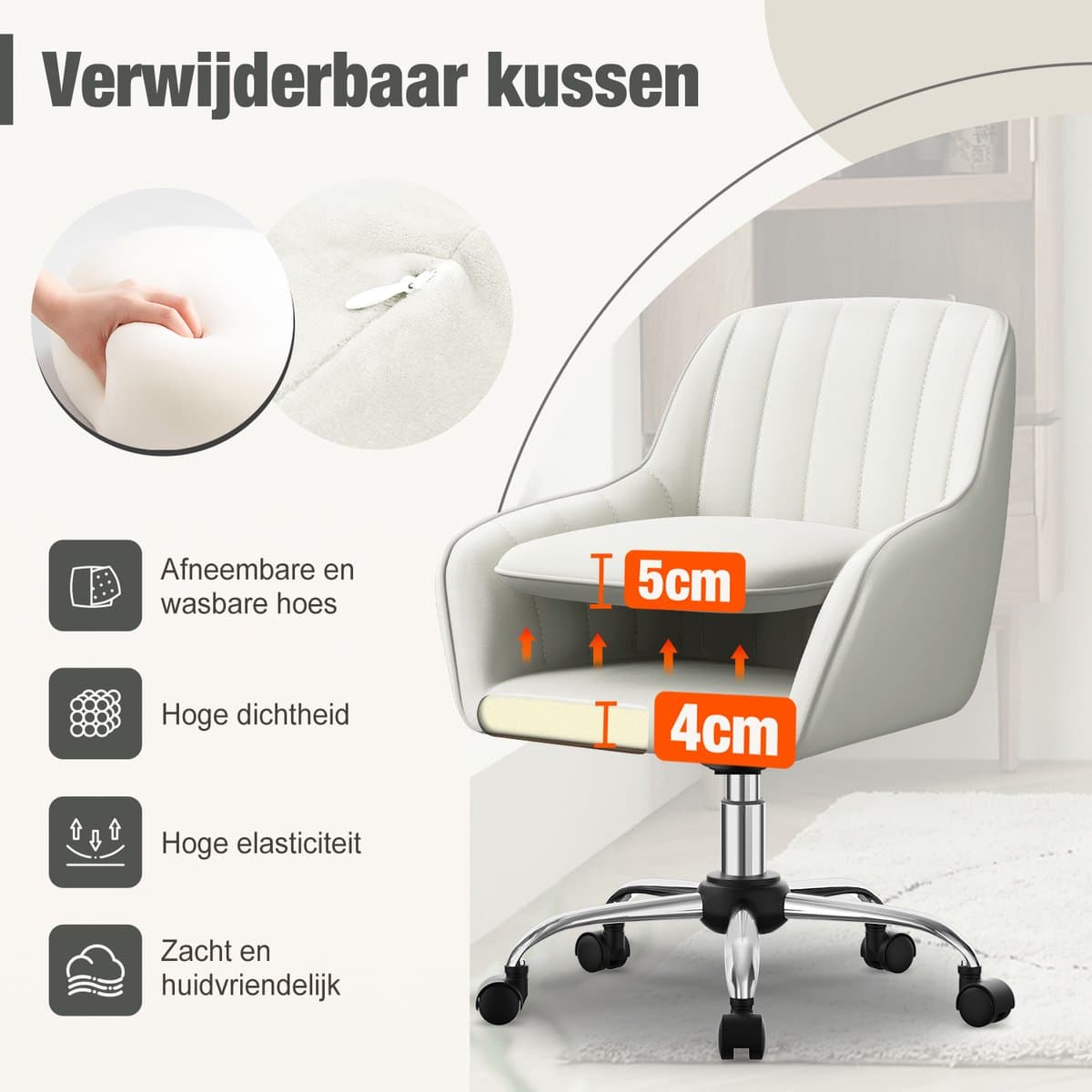 Hiaonyx Bureaustoel-Ergonomische bureaustoel-bureaustoelen voor volwassenen-Dubbel gelaagd zitkussen-360 graden draaibaar-Metalen onderstel-Wit thumbnail 8