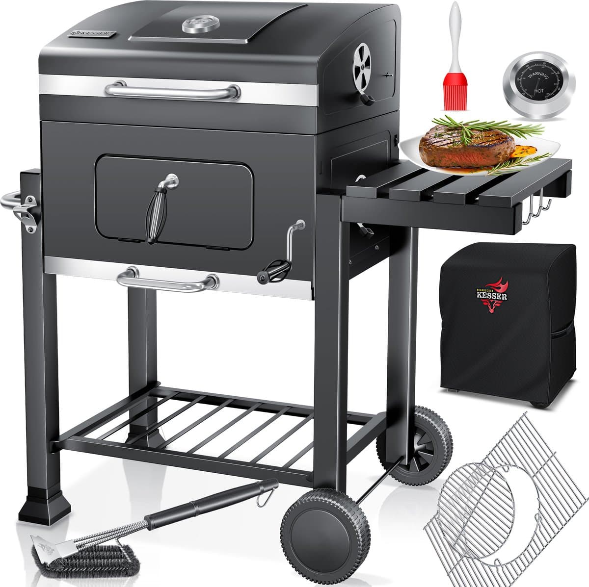 KESSER® Houtskoolbarbecue XL Barbeque Houtskool met Deksel, Wielen, Afdekkap, Roestvrij Stalen Handvat, Barbecuerooster en Thermometer, 8 Spiesen met Zakje & siliconen Borstel, grote BBQ Camping Terras Tuin thumbnail 5