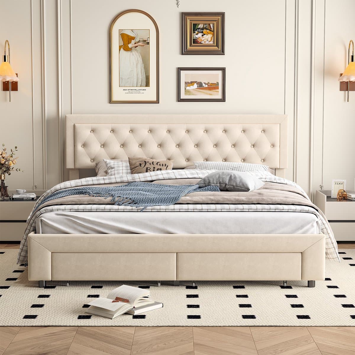 180x200 Fluwelen Opbergbed Beige – Gaslift Tweepersoonsbed met 2 Grote Lades bij Voeteneinde & Verborgen Opbergruimte – Bed 180x200 thumbnail 7