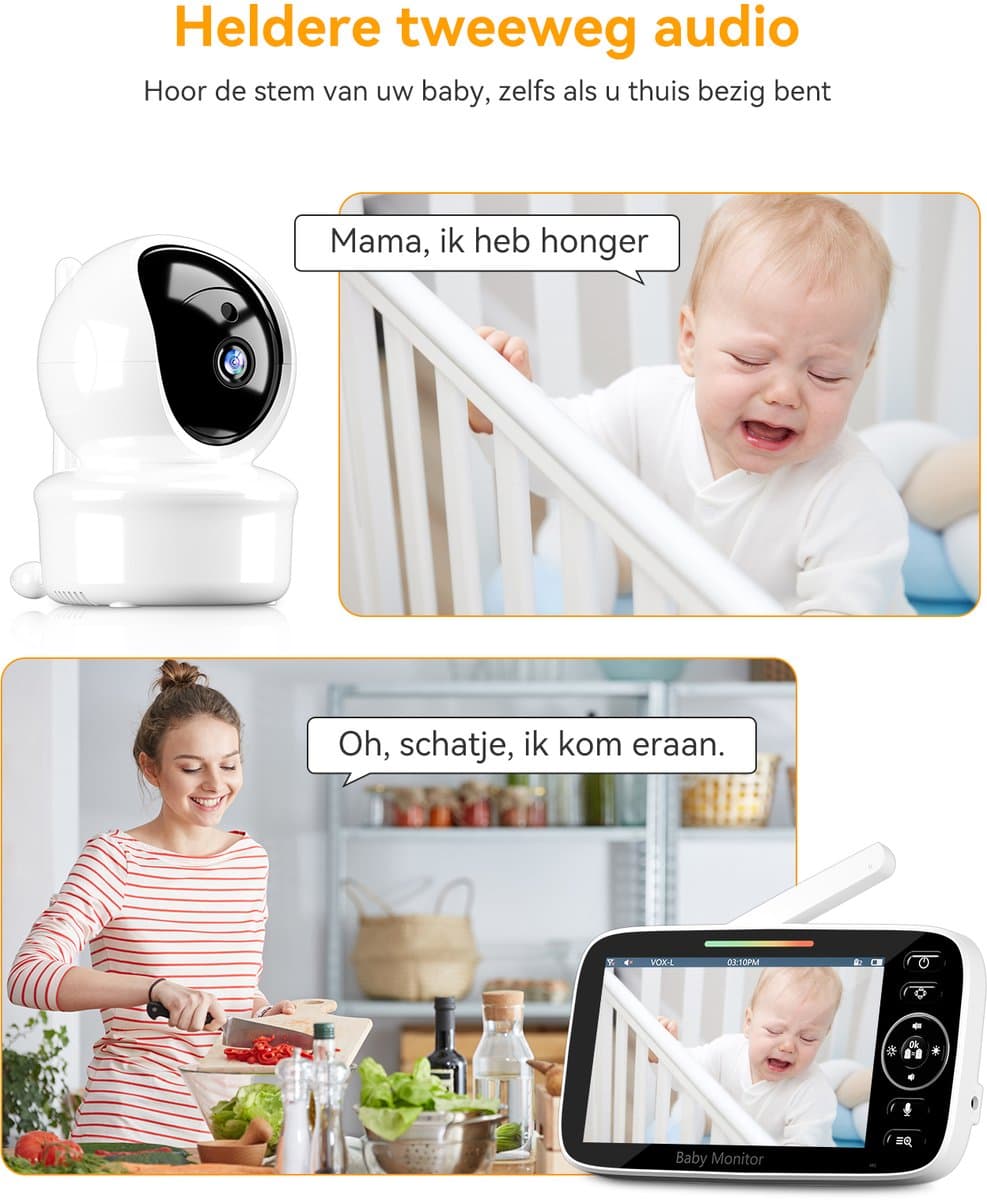 Sytifro Babyfoon met Camera – Baby Monitor met standaard en VOX-modus - zonder wifi, bescherming van de privacy en veiligheid van de baby - Hondencamera - Bestuurbaar - Temperatuursensor - Terugspreekfunctie - Video & Audio - Wit thumbnail 4
