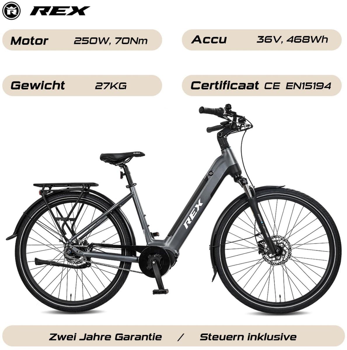 REX Commuter+ elektrische fiets - fiets elektrische voor dames, Middenmotor 250W, 28 Inch Stadtfiets, 468 Wh accu, SHIMANO 7 Versnellingen, maximaal 100 km, blauw thumbnail 2