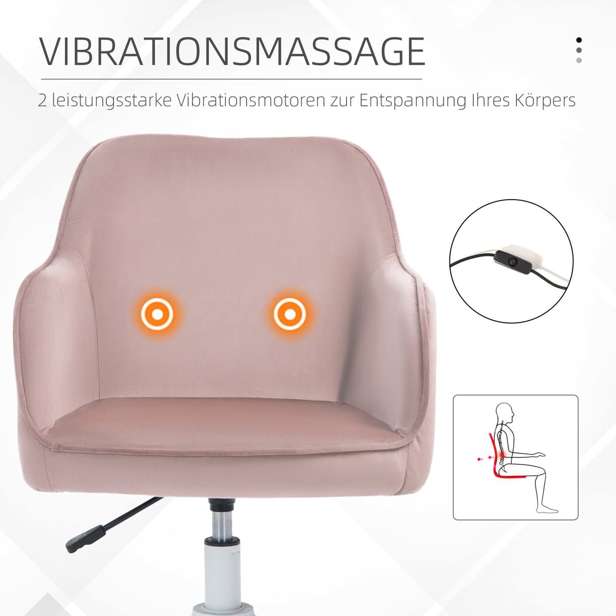 HAUSS SPOLE Bureaustoel 57x70x78-86 Cm - Trilmassage Lendenkussen En Hoogte Verstelbaar - Voor Kantoor En Thuiswerk - Velvet - Roze thumbnail 2