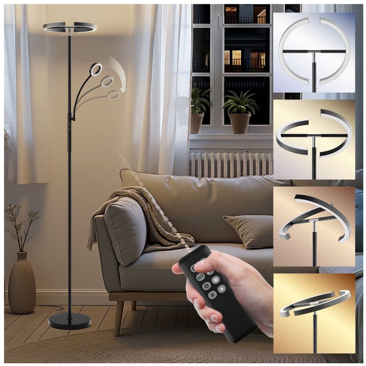 tectake® LED-Vloerlamp - Dimbare vloerlamp - Booglamp - Vloerlamp met leeslicht en afstandsbediening - Sfeerlicht voor woonkamer, slaapkamer, nachtkastje - Leeslamp of bureaulamp - Zwart thumbnail 3
