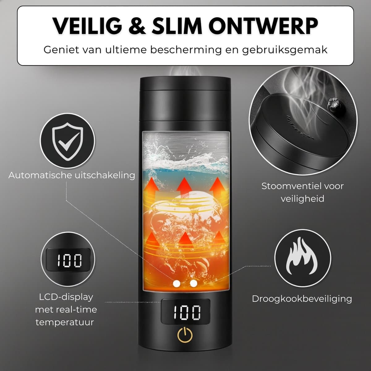 Boncy® Premium Mini Waterkoker met Temperatuurregeling - 380ml met Thermometer en Warmhoudfunctie - Kleine RVS Reiswaterkoker Zwart - Reis Waterkokers voor Camping Hotel Senioren - Klein Draagbare Travel Water Koker Grijs Temperatuur keuze - 0,5 L thumbnail 2