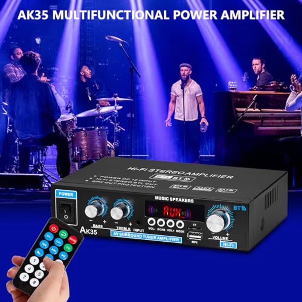 AK45 HiFi Amplifier, Bluetooth 5.0, Mini Bluetooth Stereo, Hi-Fi Stereo, Audio Amplifier with USB/MIC/FM/TF Audio Amplifier with Bass Treble Tuner, Digital Remote Control, for Home or Car thumbnail 6