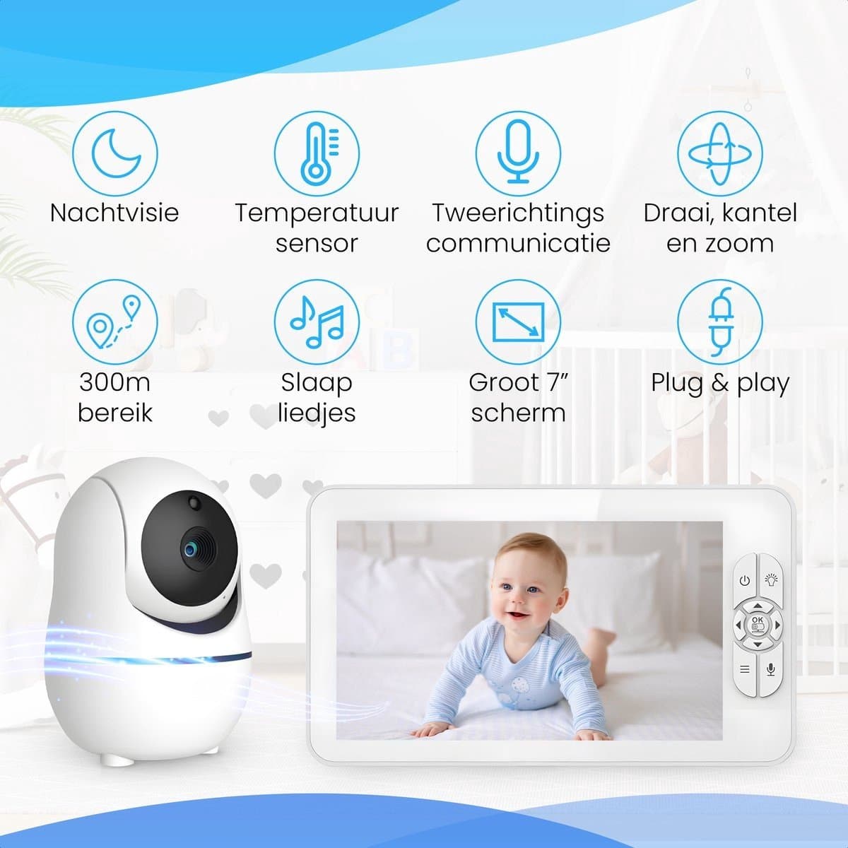 Zevio XL Elite Babyfoon met 2 Camera's en Groot 7 Inch HD Baby Monitor - met Slimme Functies - Uitbreidbaar - Baby Camera - Inclusief Flexibele Houders thumbnail 3