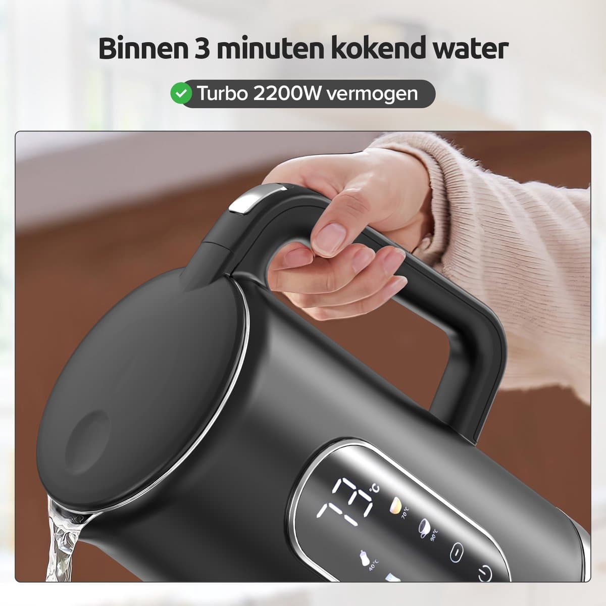 Olvy Waterkoker met Temperatuurregeling - Warmhoudfunctie - RVS - Dubbelwandig - Elektrisch - 1.7 Liter - 2200W - Zwart thumbnail 3