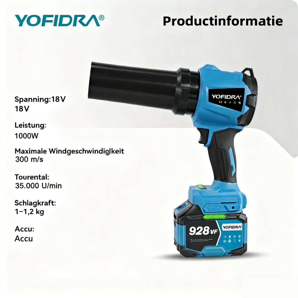 Yofidra Accu Bladblazer met 2x 4500 mAh Accu - 300 m/s Turbo Blazer - Borstelloze Motor - Blaaskracht 1,2 kg - voor Auto-Reiniging, Verwijdert Stof en Sneeuw thumbnail 7