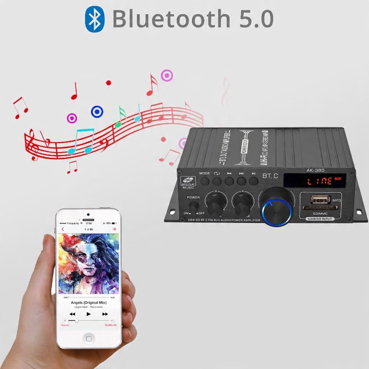 Mini Versterker - HiFi Stereo - Bluetooth - 60W - 2 Kanalen - FM Radio - met Bass- en Treble-regelaar - USB/SD - Afstandsbediening - voor Thuis en Auto - Compact thumbnail 3