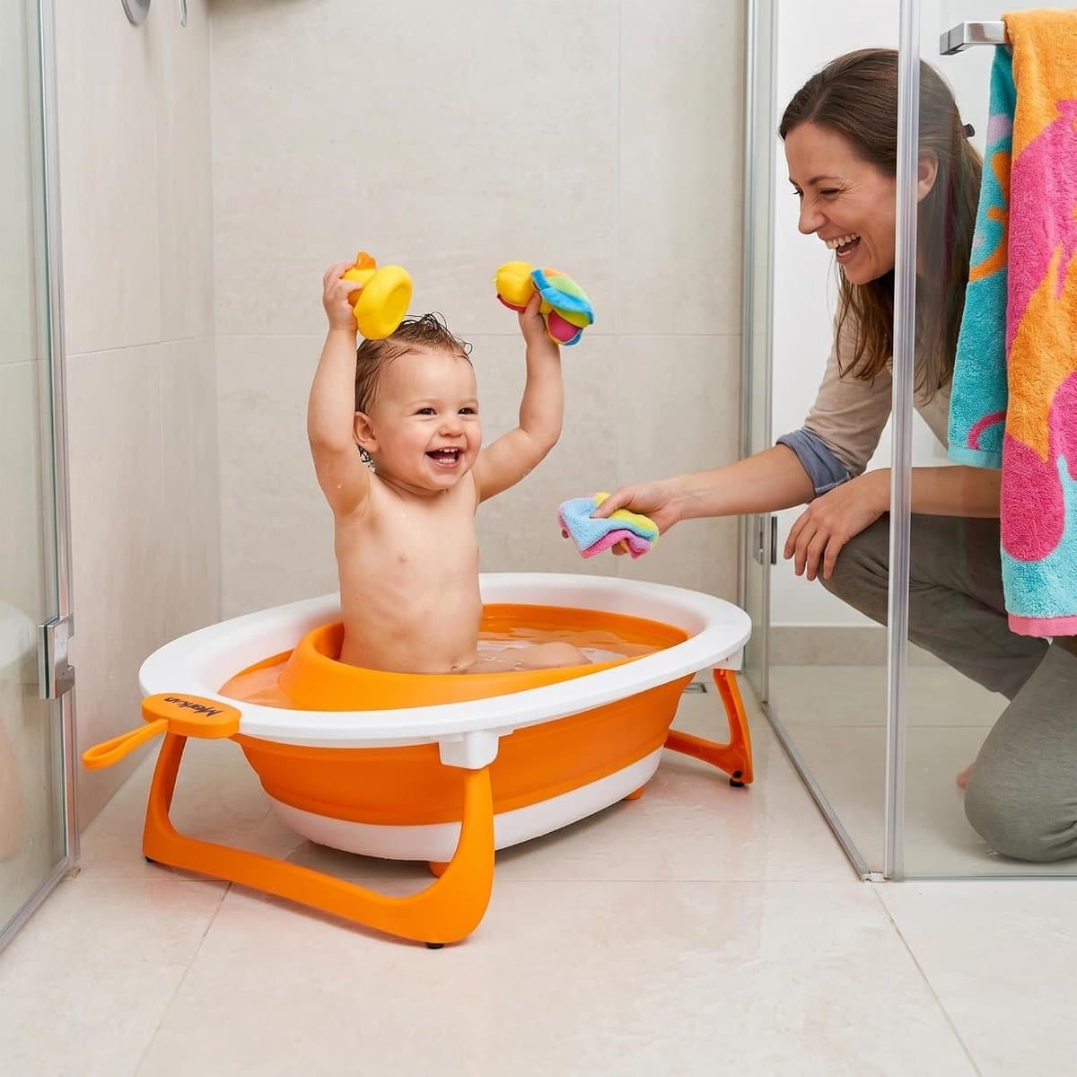 Opvouwbare babybadkuip - Baby badje - Veilig badderen - Met temperatuurindicator - 72 x 50 x 19 cm - Oranje-Wit thumbnail 3